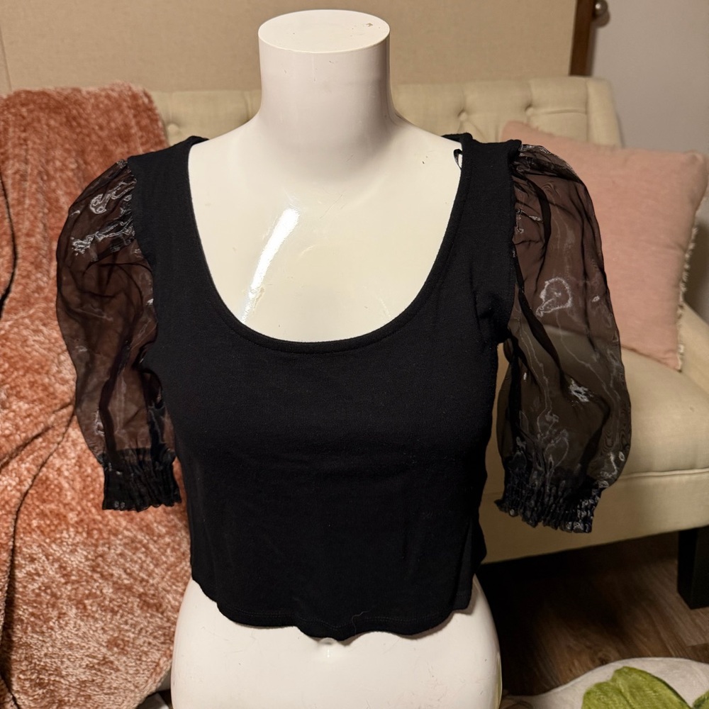 H&M Black Scoop Neck Crop Top with Sheer Puff Sleeves